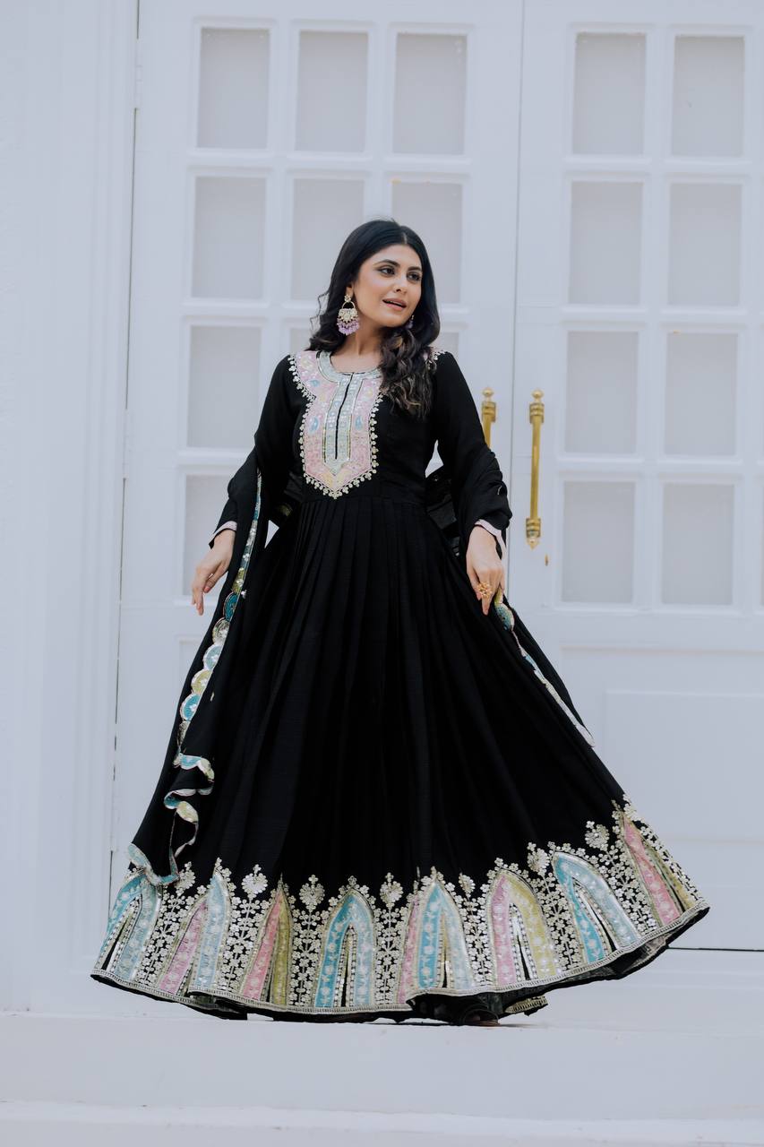 Party Wear Black Color Heavy Chinon Silk With Multi Thread Embroidery Sequence Work Gown