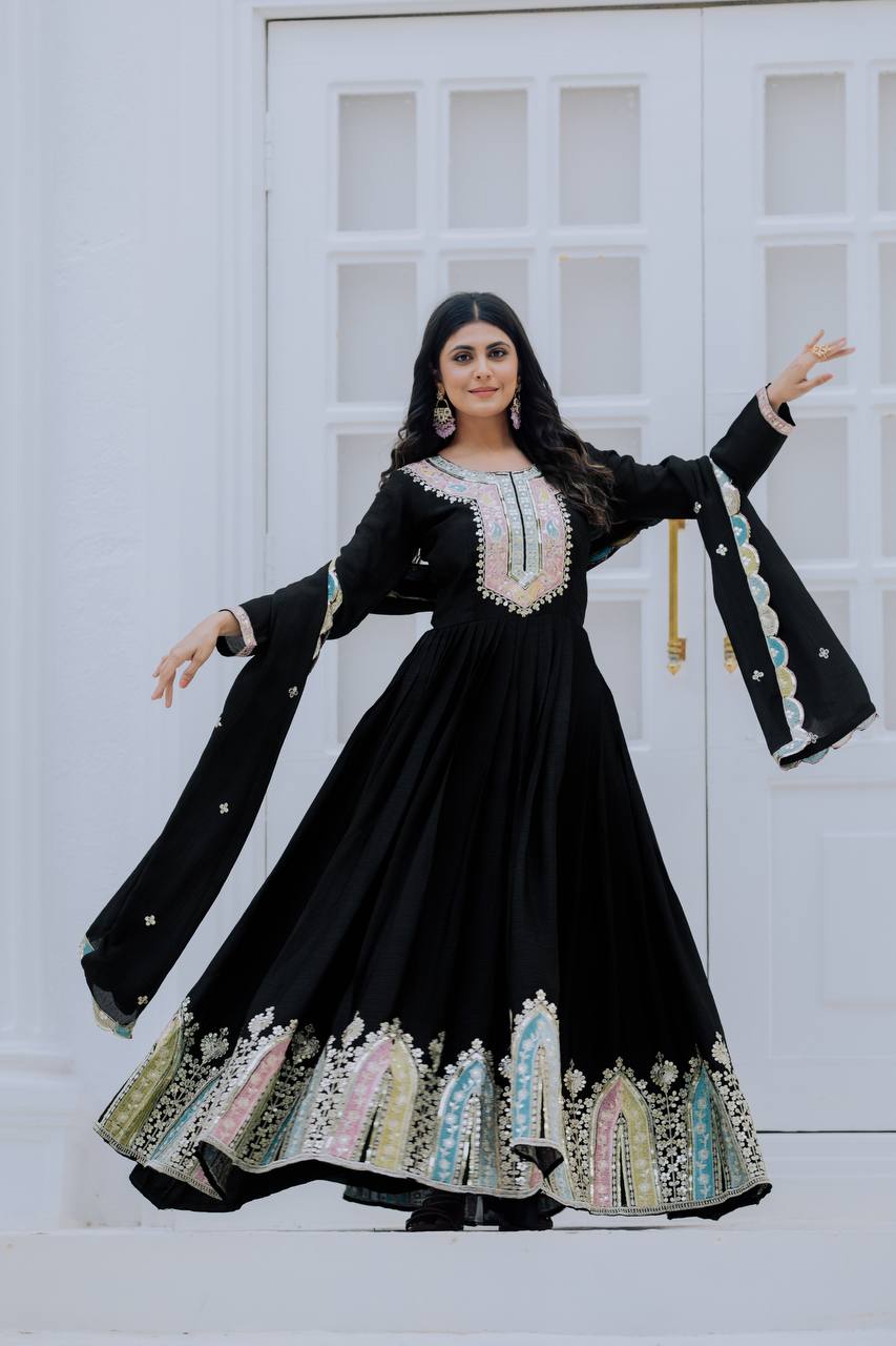 Party Wear Black Color Heavy Chinon Silk With Multi Thread Embroidery Sequence Work Gown
