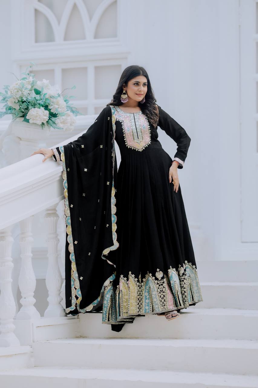 Party Wear Black Color Heavy Chinon Silk With Multi Thread Embroidery Sequence Work Gown
