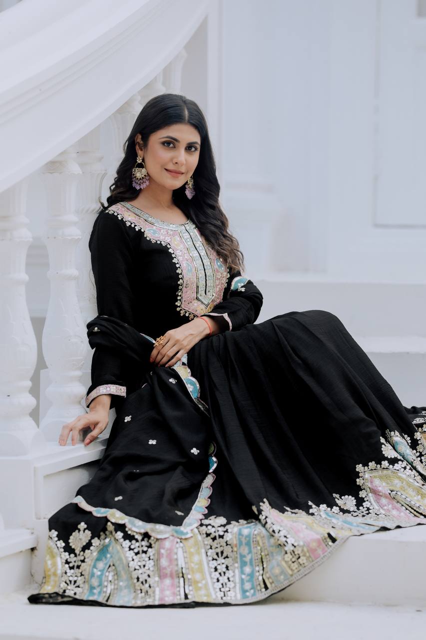Party Wear Black Color Heavy Chinon Silk With Multi Thread Embroidery Sequence Work Gown