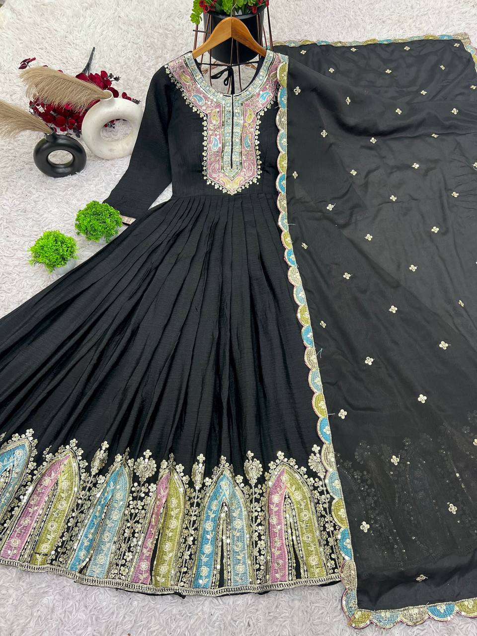 Party Wear Black Color Heavy Chinon Silk With Multi Thread Embroidery Sequence Work Gown