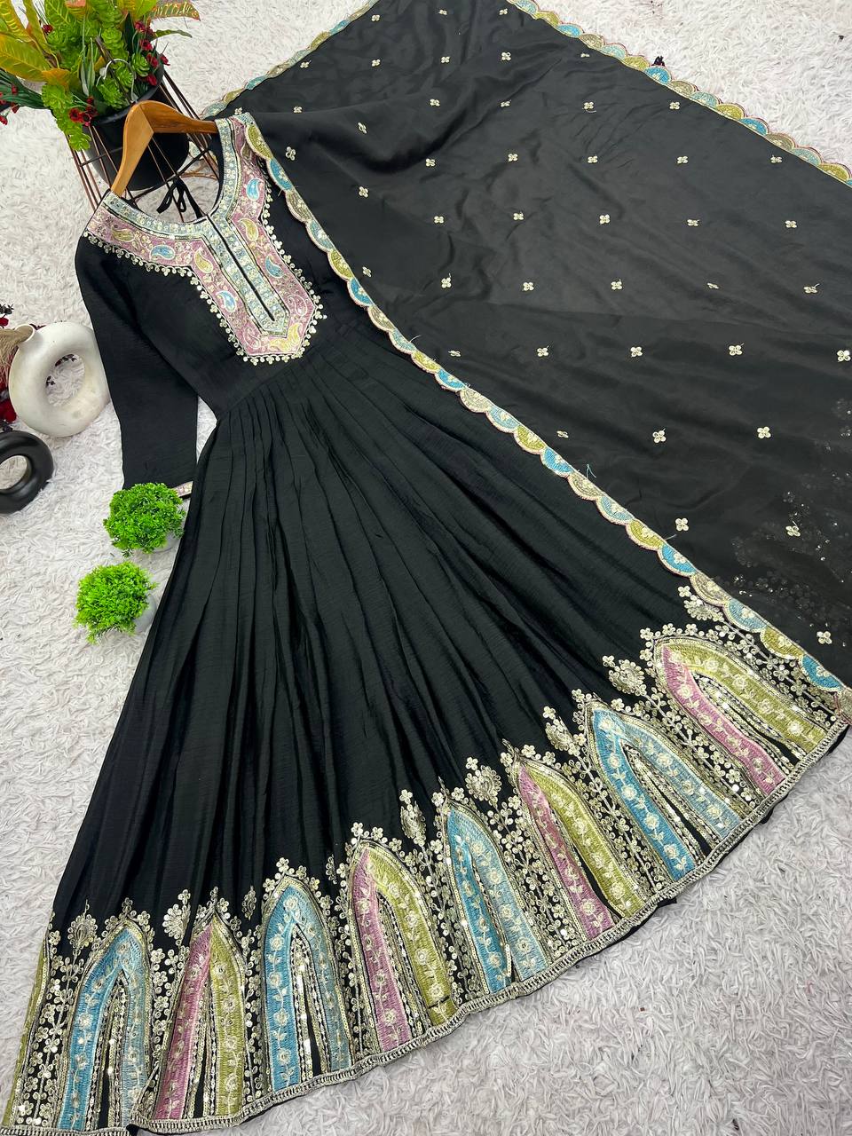 Party Wear Black Color Heavy Chinon Silk With Multi Thread Embroidery Sequence Work Gown