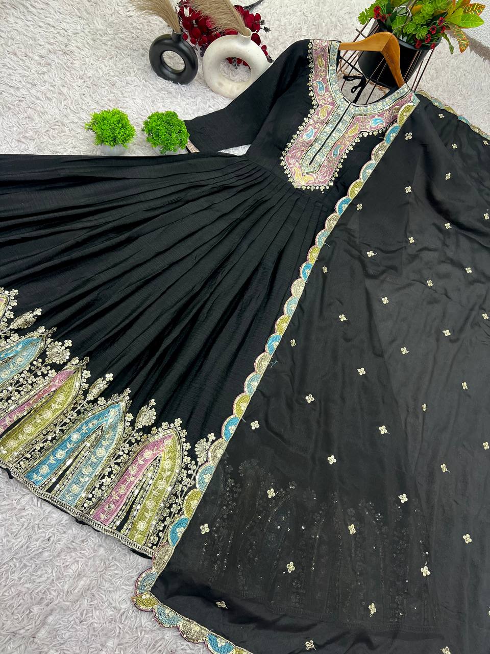 Party Wear Black Color Heavy Chinon Silk With Multi Thread Embroidery Sequence Work Gown