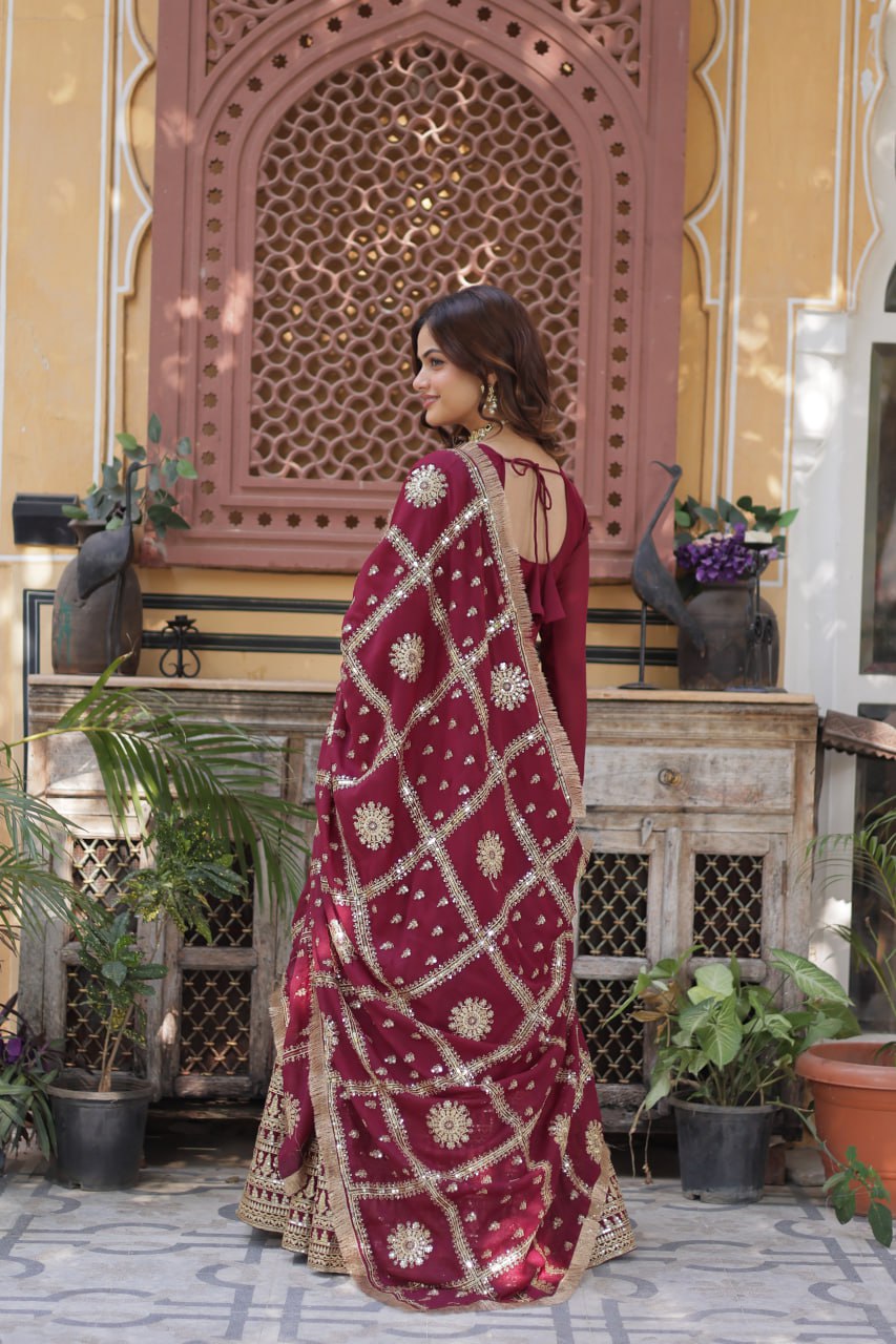 Gorgeous Maroon Color Star Georgette With Embroidery Zari Sequins Work Designer Gown