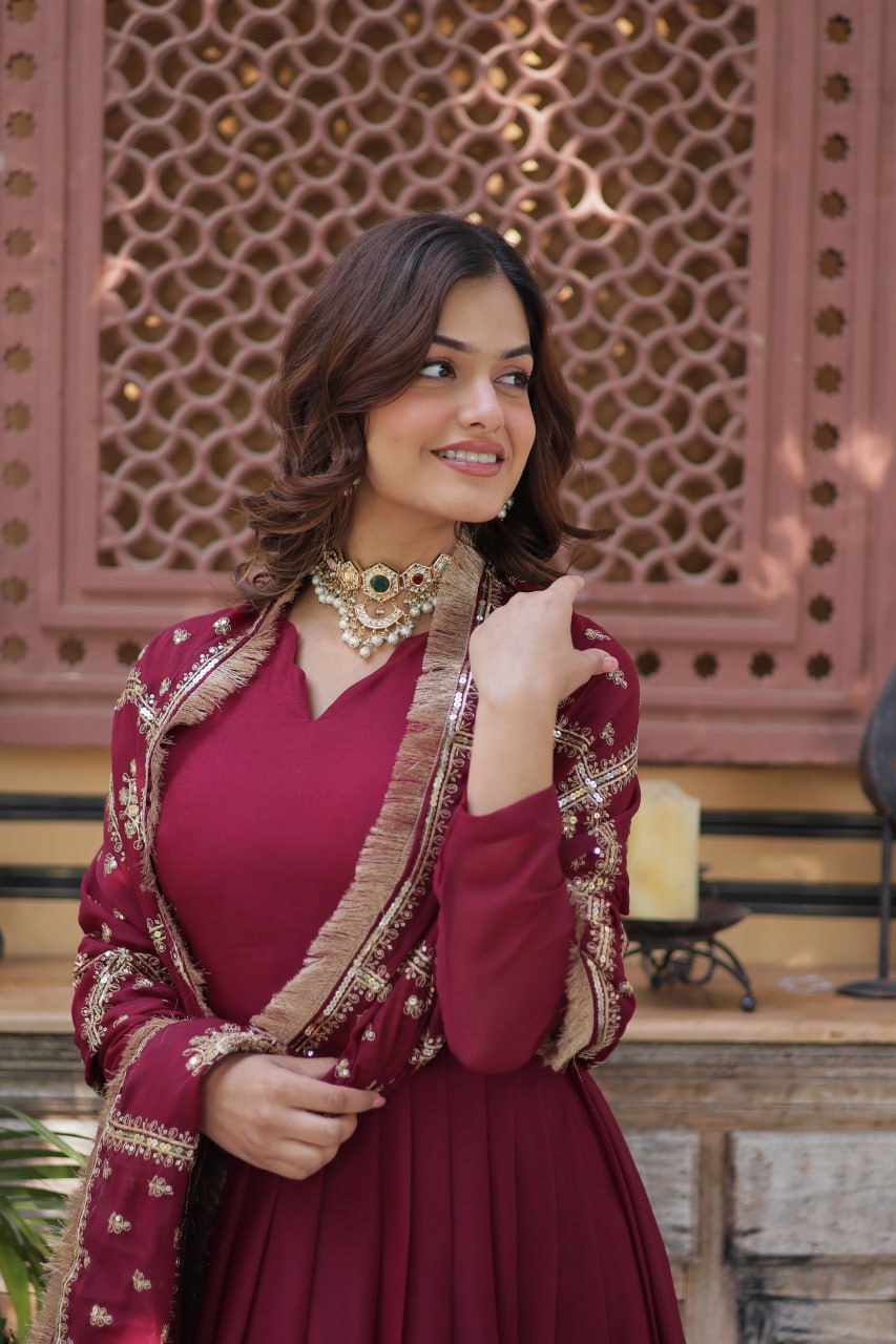 Gorgeous Maroon Color Star Georgette With Embroidery Zari Sequins Work Designer Gown