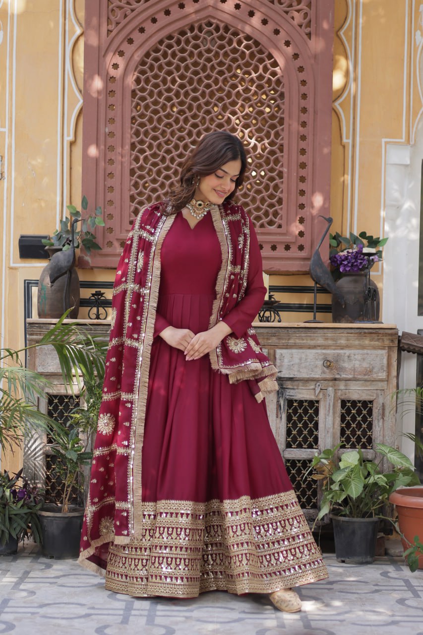Gorgeous Maroon Color Star Georgette With Embroidery Zari Sequins Work Designer Gown