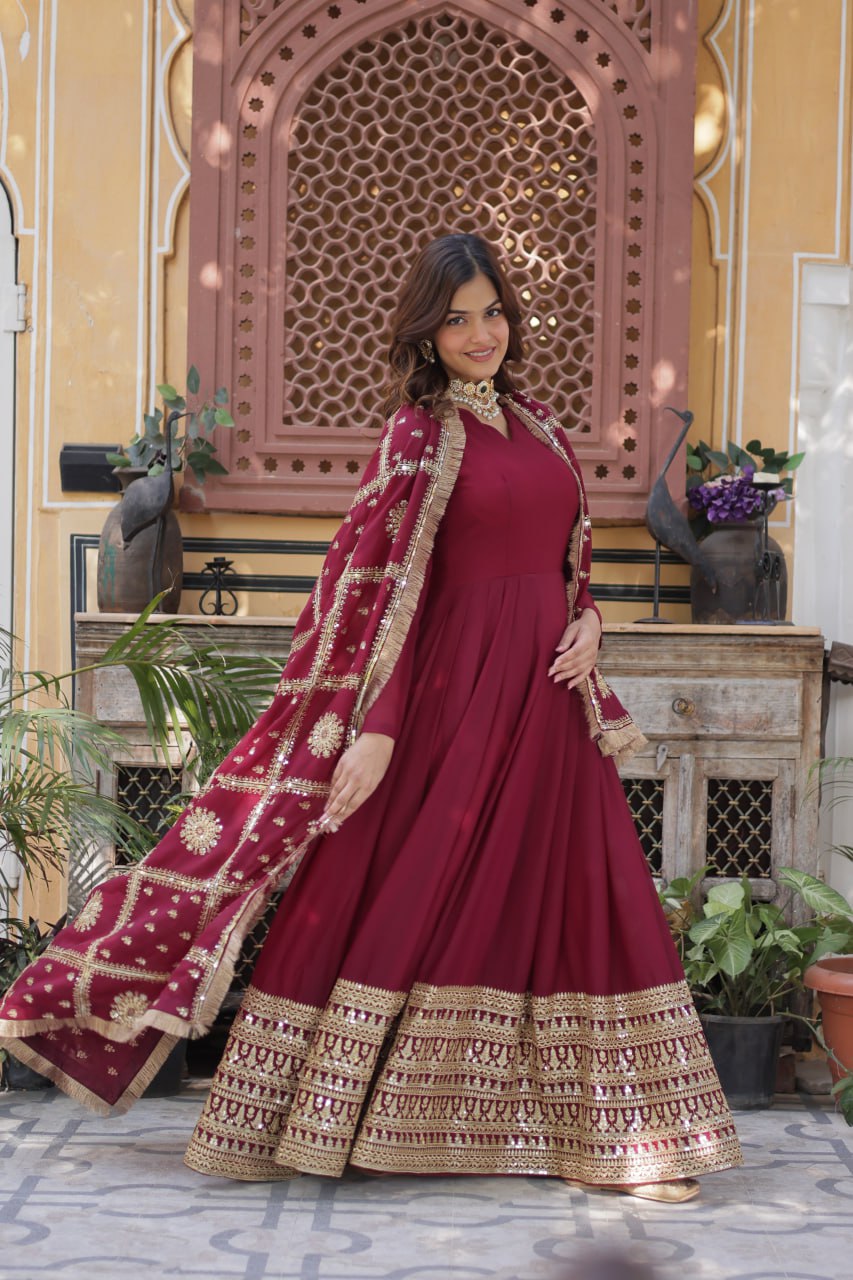 Gorgeous Maroon Color Star Georgette With Embroidery Zari Sequins Work Designer Gown
