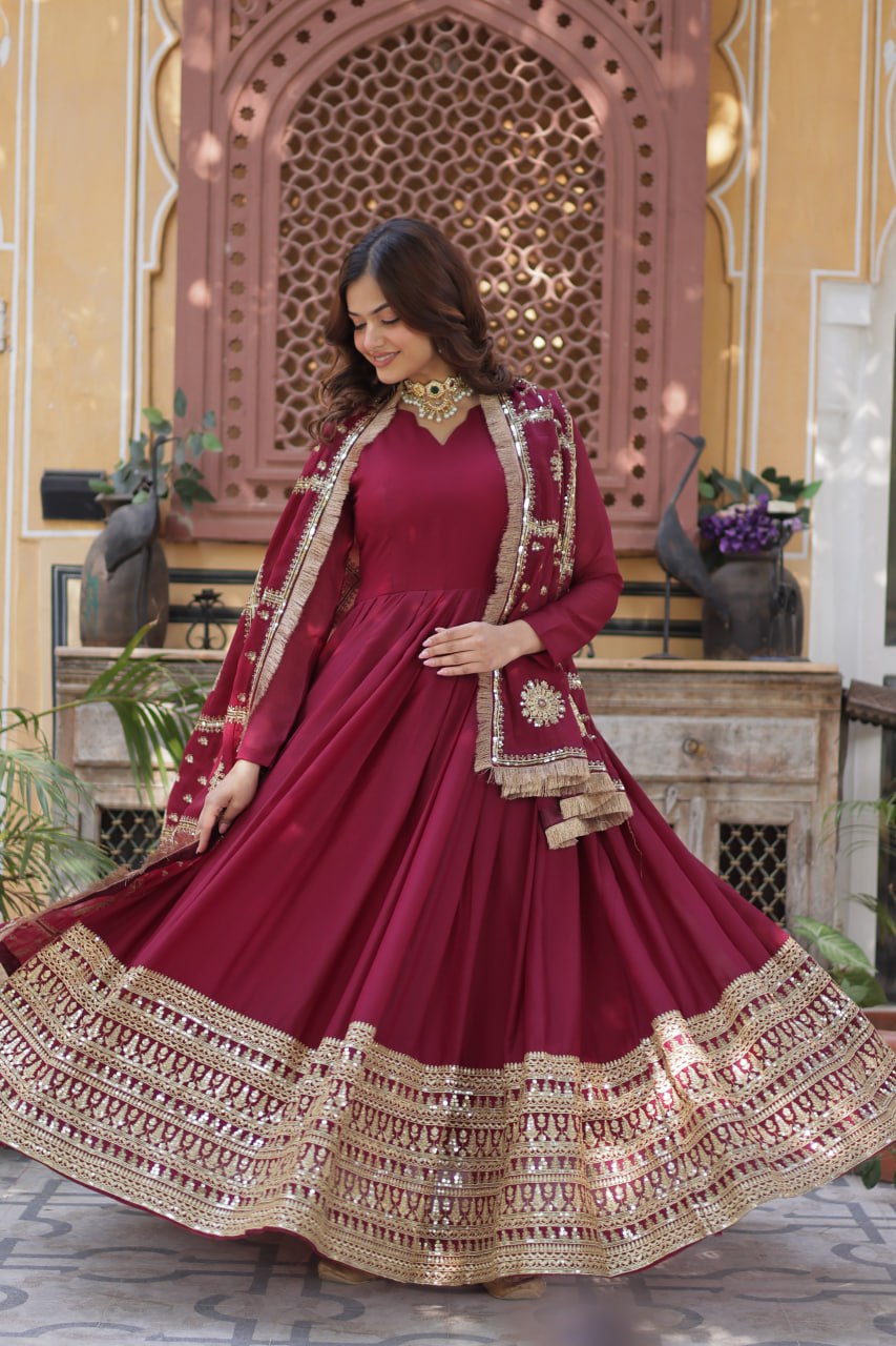 Gorgeous Maroon Color Star Georgette With Embroidery Zari Sequins Work Designer Gown