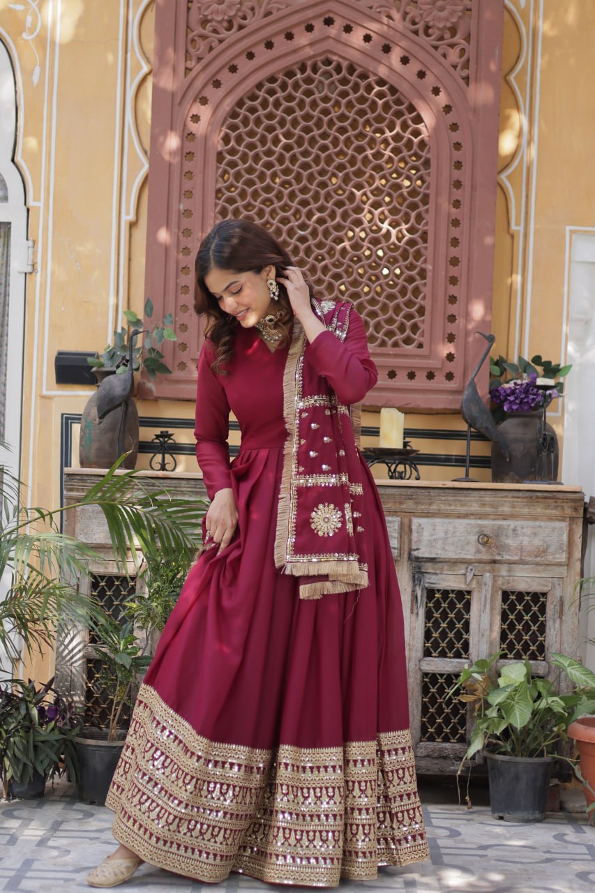 Gorgeous Maroon Color Star Georgette With Embroidery Zari Sequins Work Designer Gown