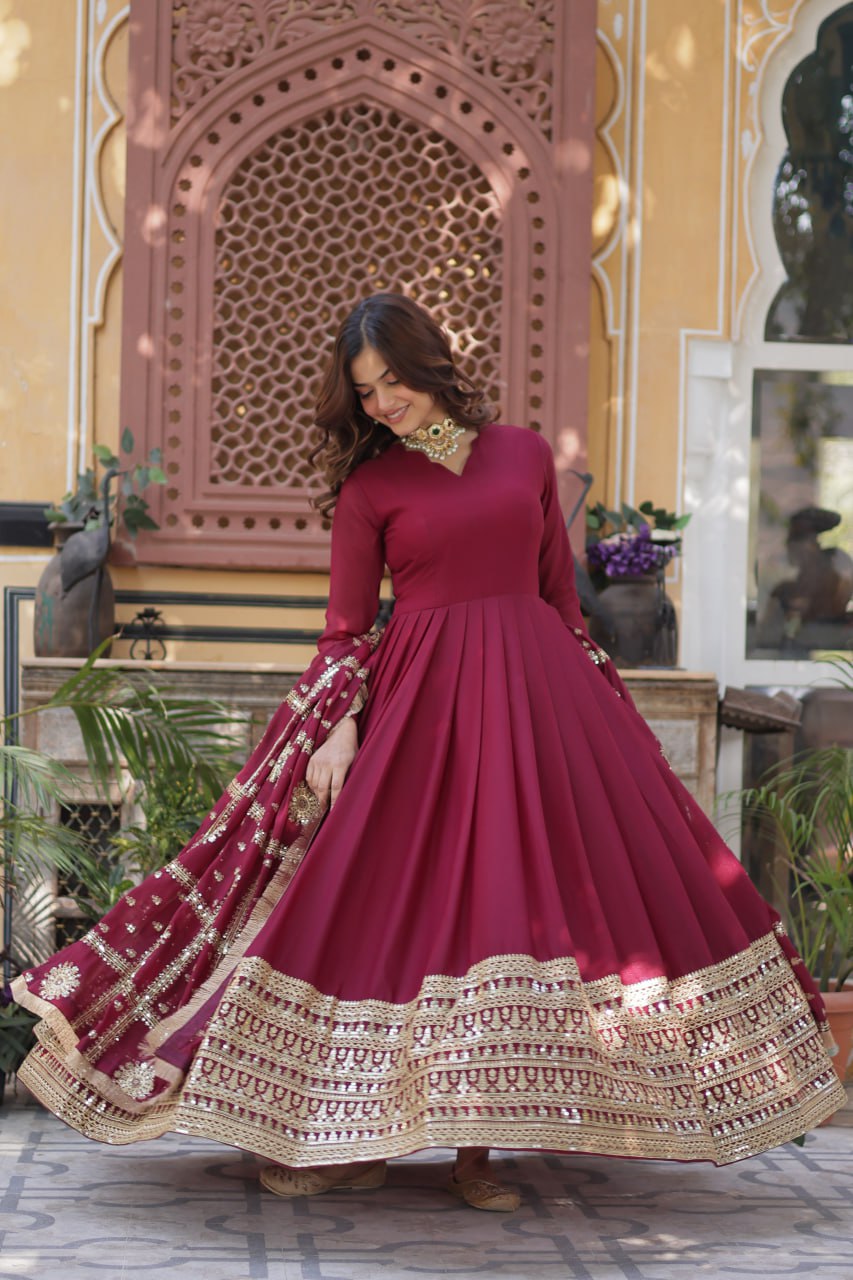 Gorgeous Maroon Color Star Georgette With Embroidery Zari Sequins Work Designer Gown