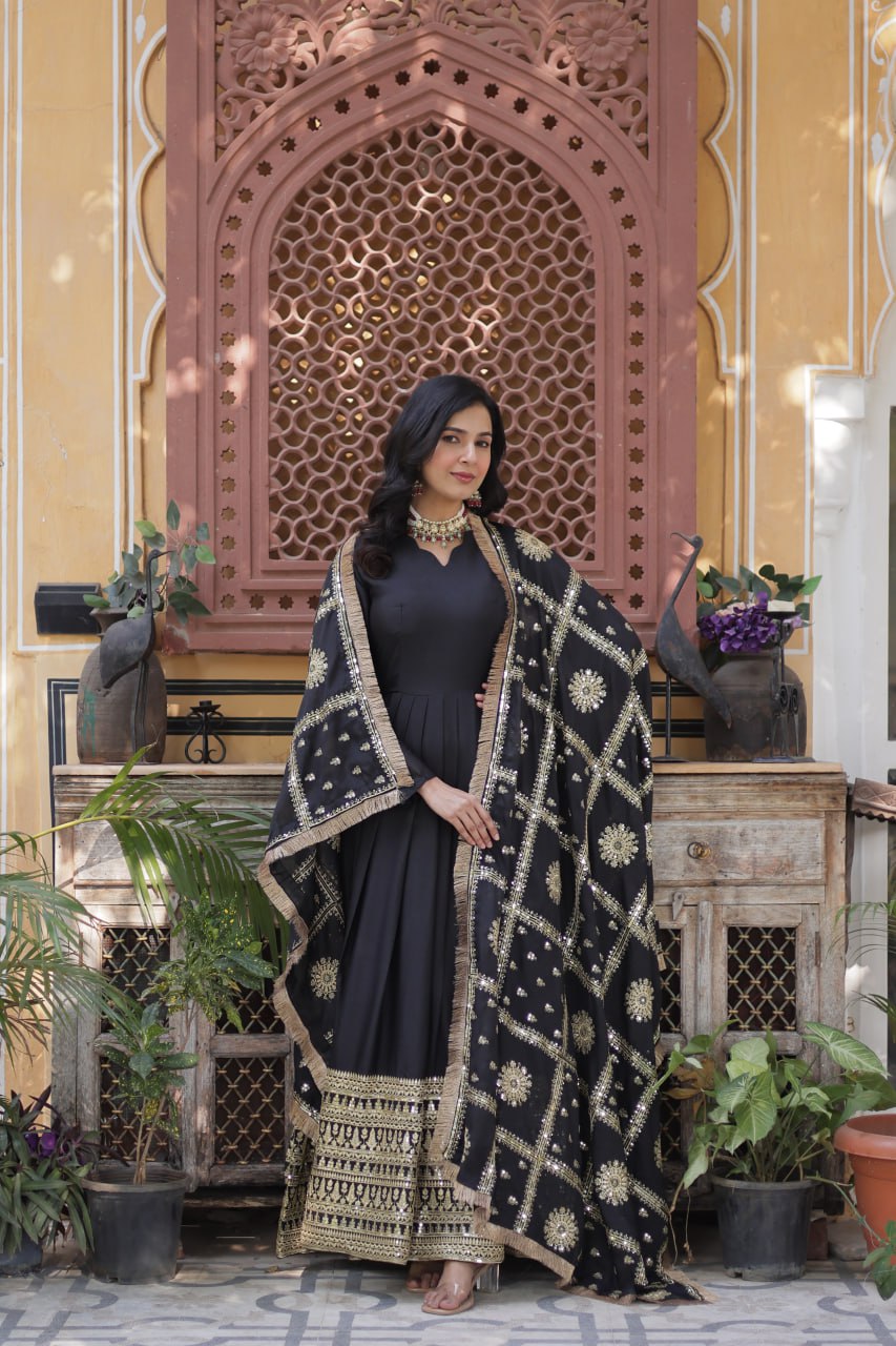 Alluring Black Color Star Georgette With Embroidery Zari Sequins Work Designer Gown