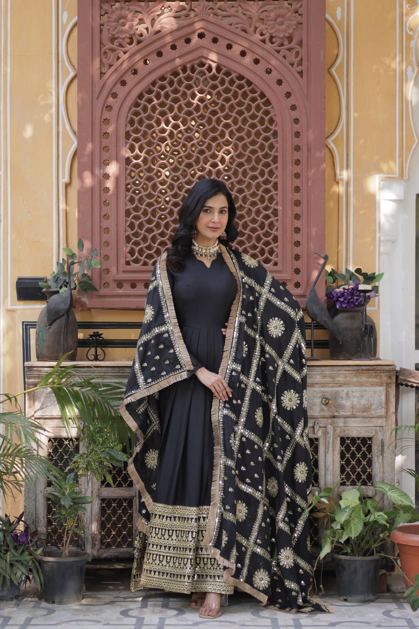 Alluring Black Color Star Georgette With Embroidery Zari Sequins Work Designer Gown