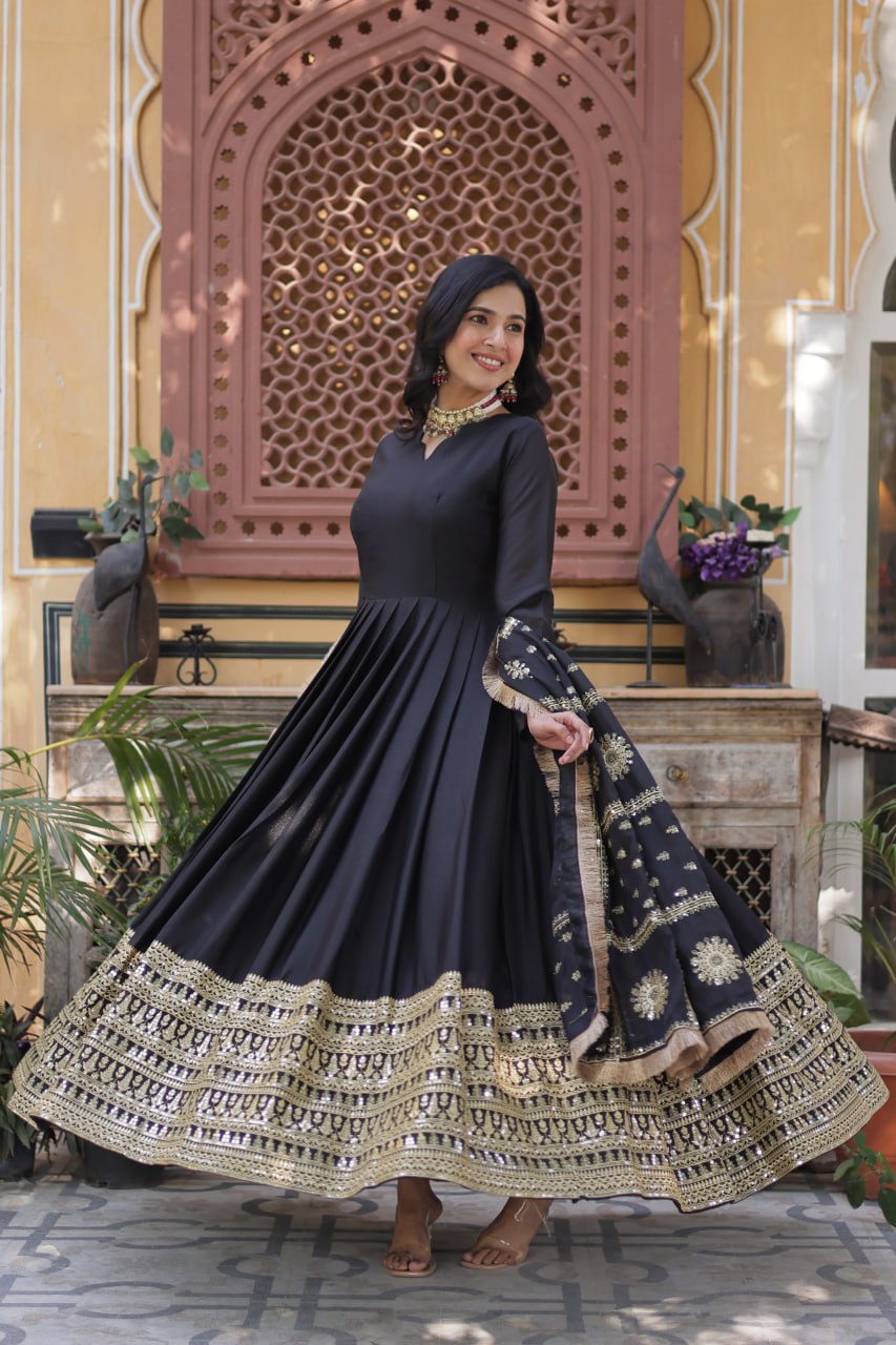 Alluring Black Color Star Georgette With Embroidery Zari Sequins Work Designer Gown