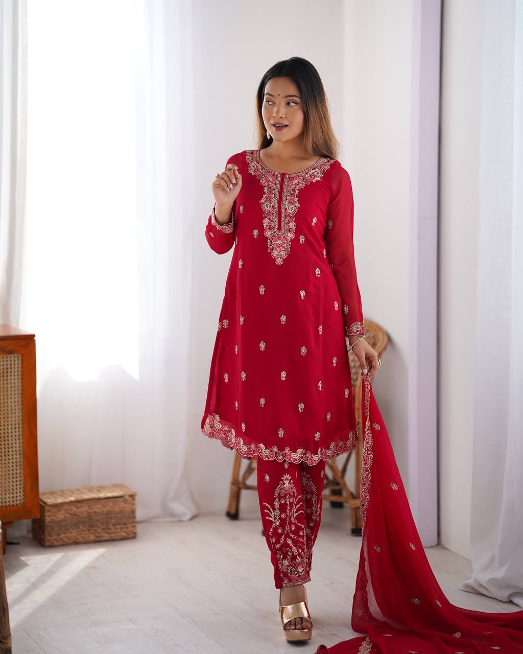 Wedding Wear Red Color Faux Georgette With Thread Work Salwar Suit