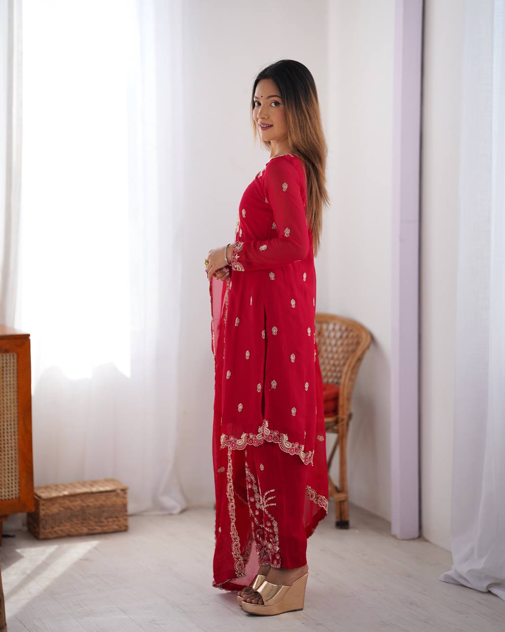 Wedding Wear Red Color Faux Georgette With Thread Work Salwar Suit