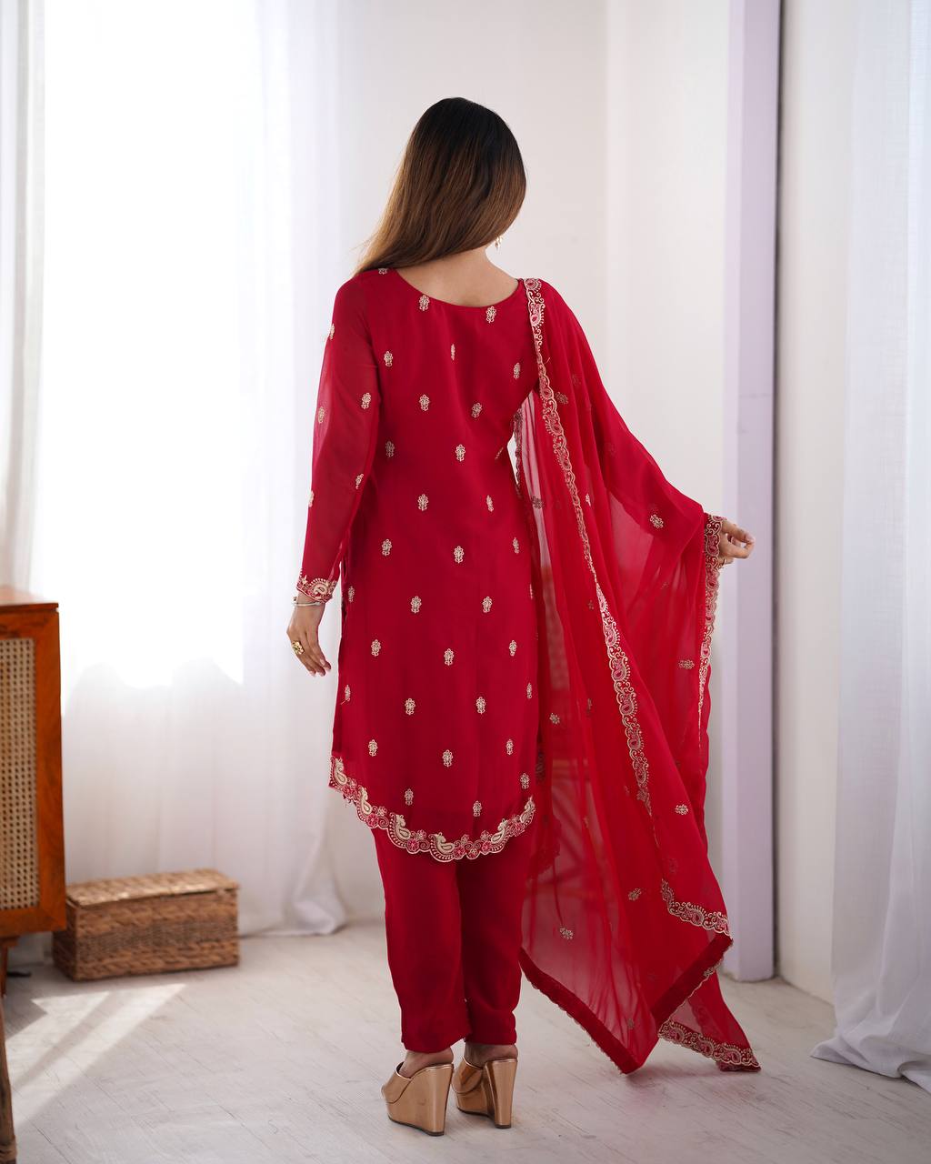 Wedding Wear Red Color Faux Georgette With Thread Work Salwar Suit