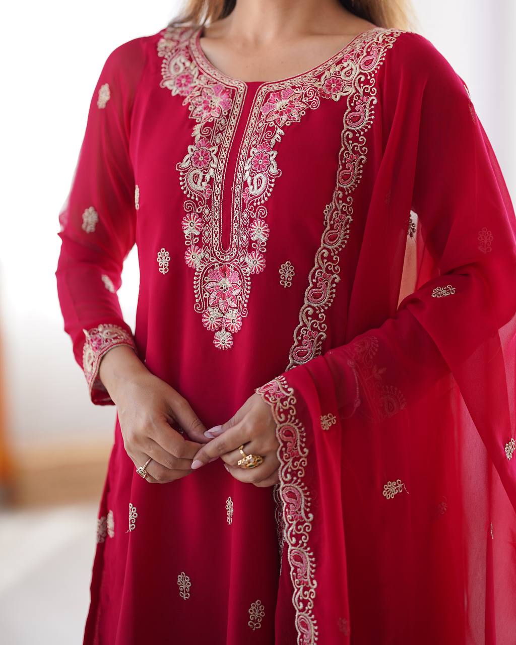 Wedding Wear Red Color Faux Georgette With Thread Work Salwar Suit