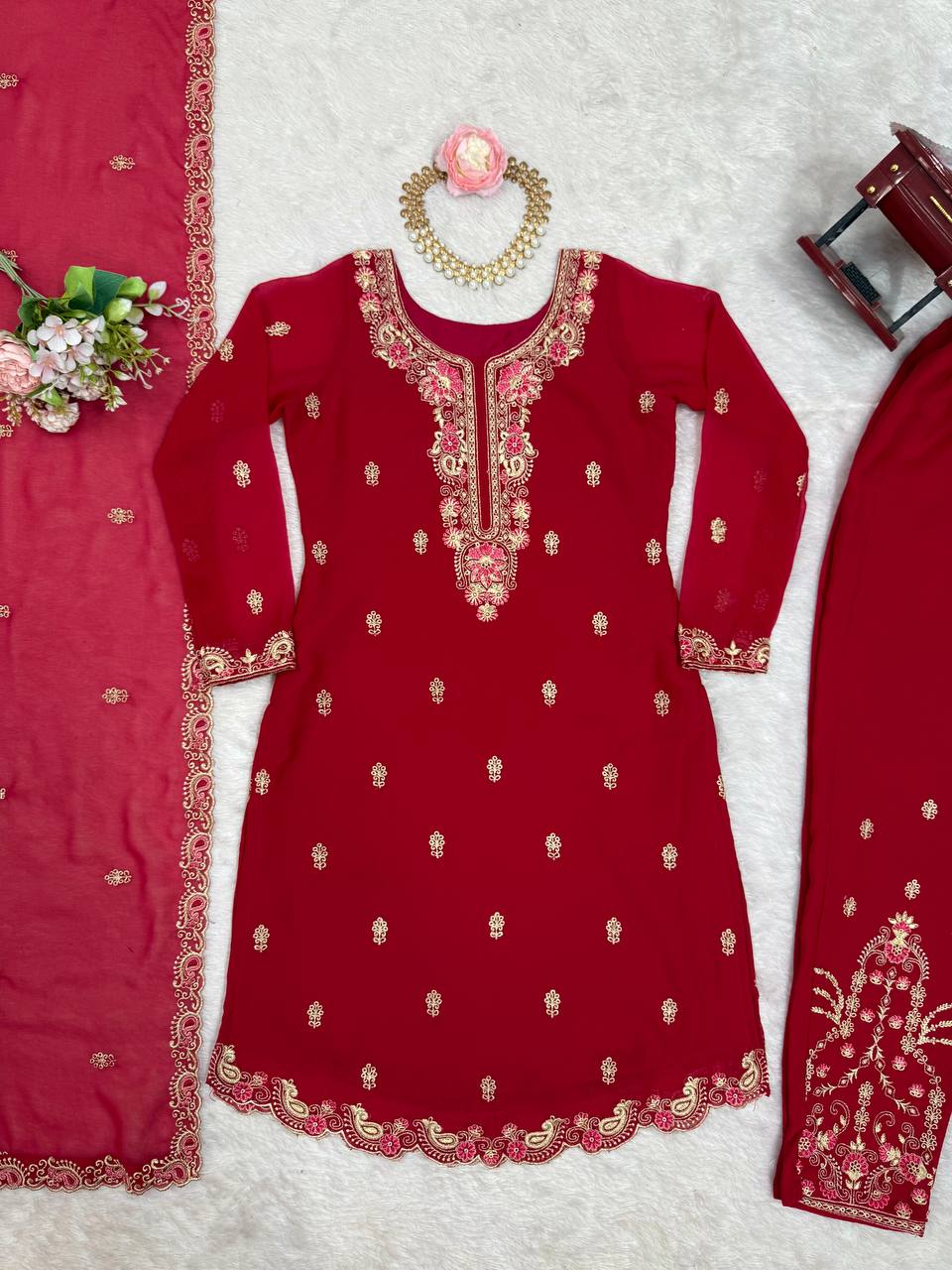 Wedding Wear Red Color Faux Georgette With Thread Work Salwar Suit