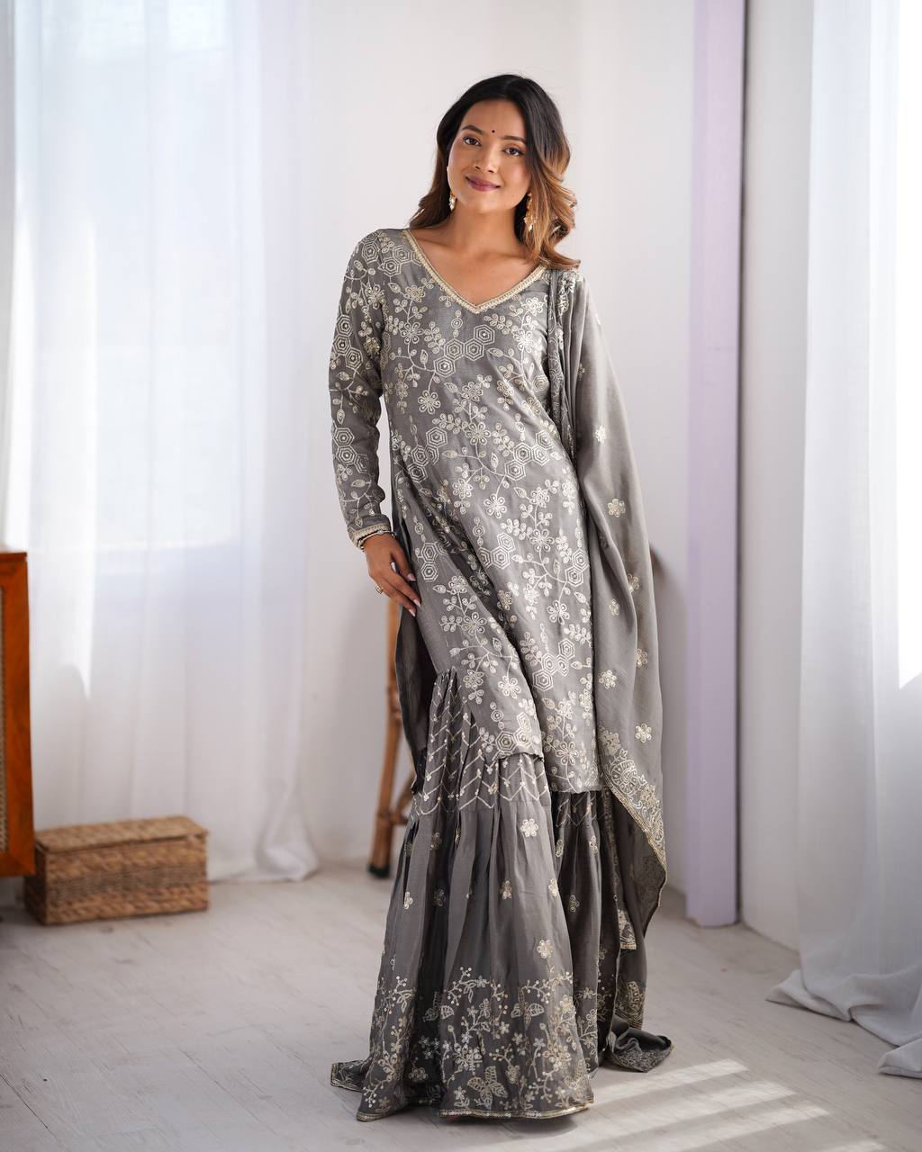 Engagement Wear Grey Color Chinon Silk And Thread With Sequence Work Pakistani Sharara Suit