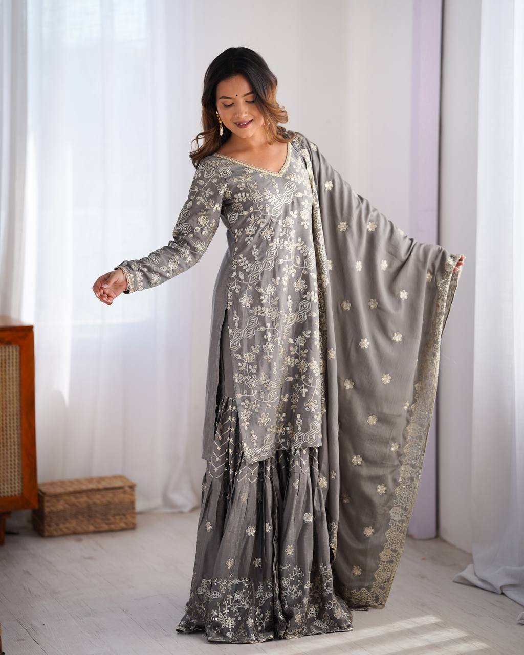 Engagement Wear Grey Color Chinon Silk And Thread With Sequence Work Pakistani Sharara Suit