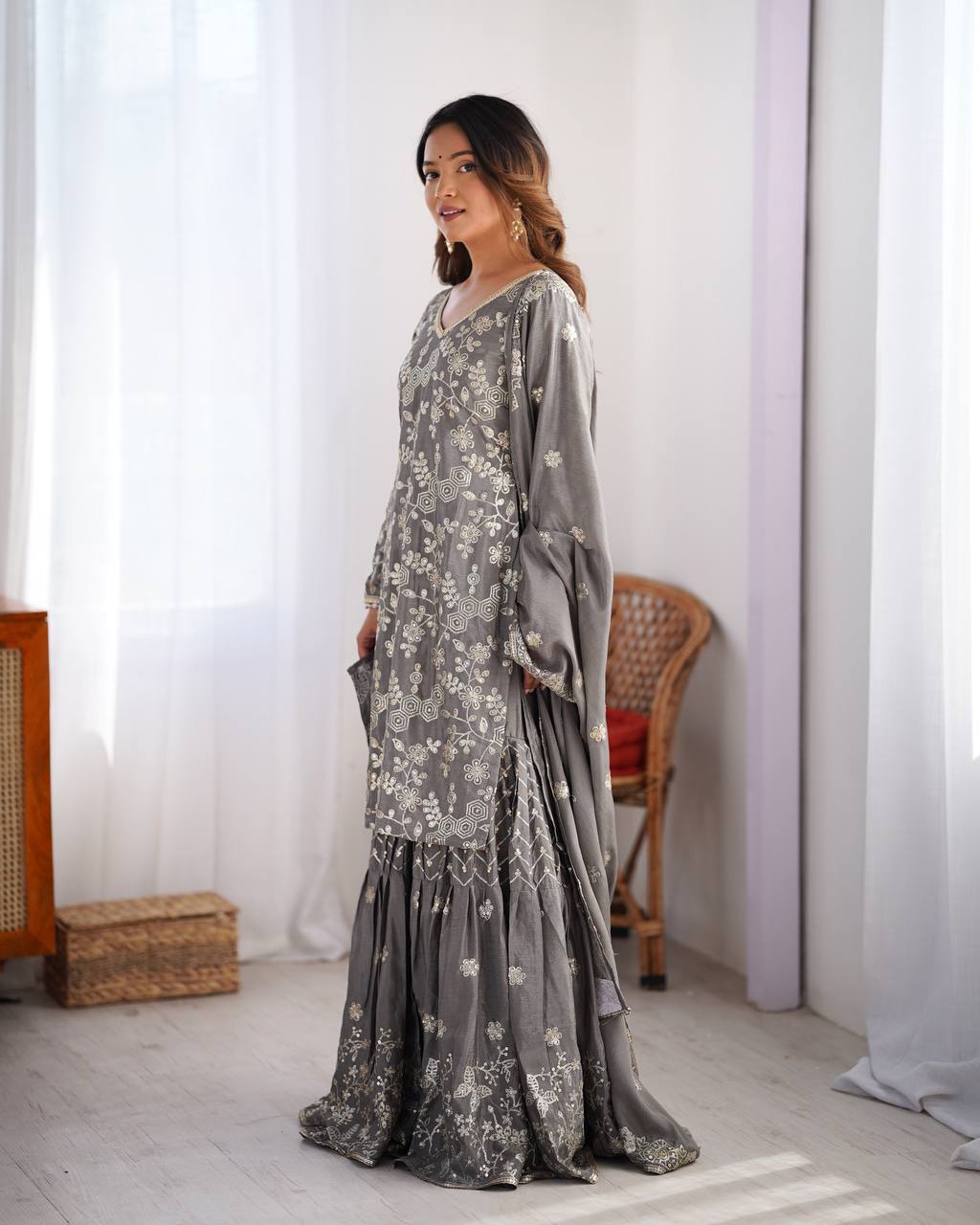 Engagement Wear Grey Color Chinon Silk And Thread With Sequence Work Pakistani Sharara Suit