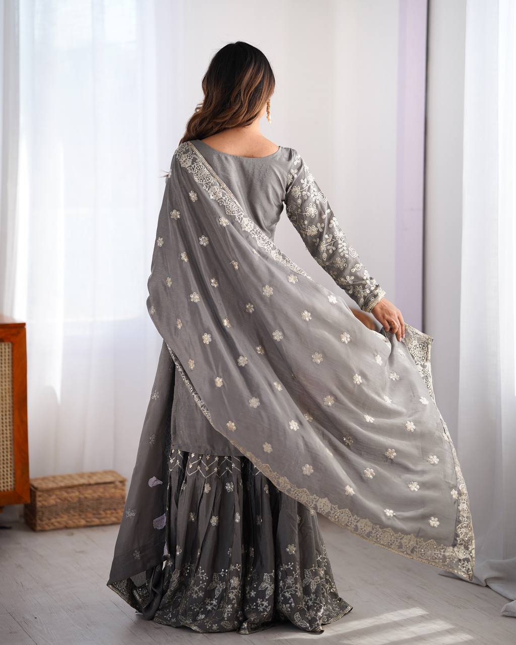 Engagement Wear Grey Color Chinon Silk And Thread With Sequence Work Pakistani Sharara Suit