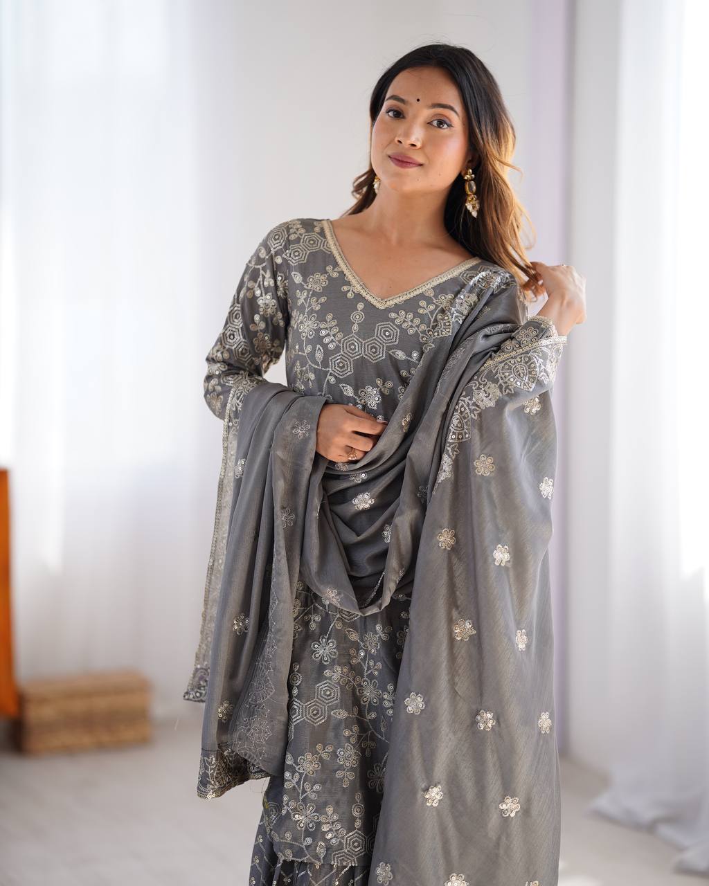 Engagement Wear Grey Color Chinon Silk And Thread With Sequence Work Pakistani Sharara Suit