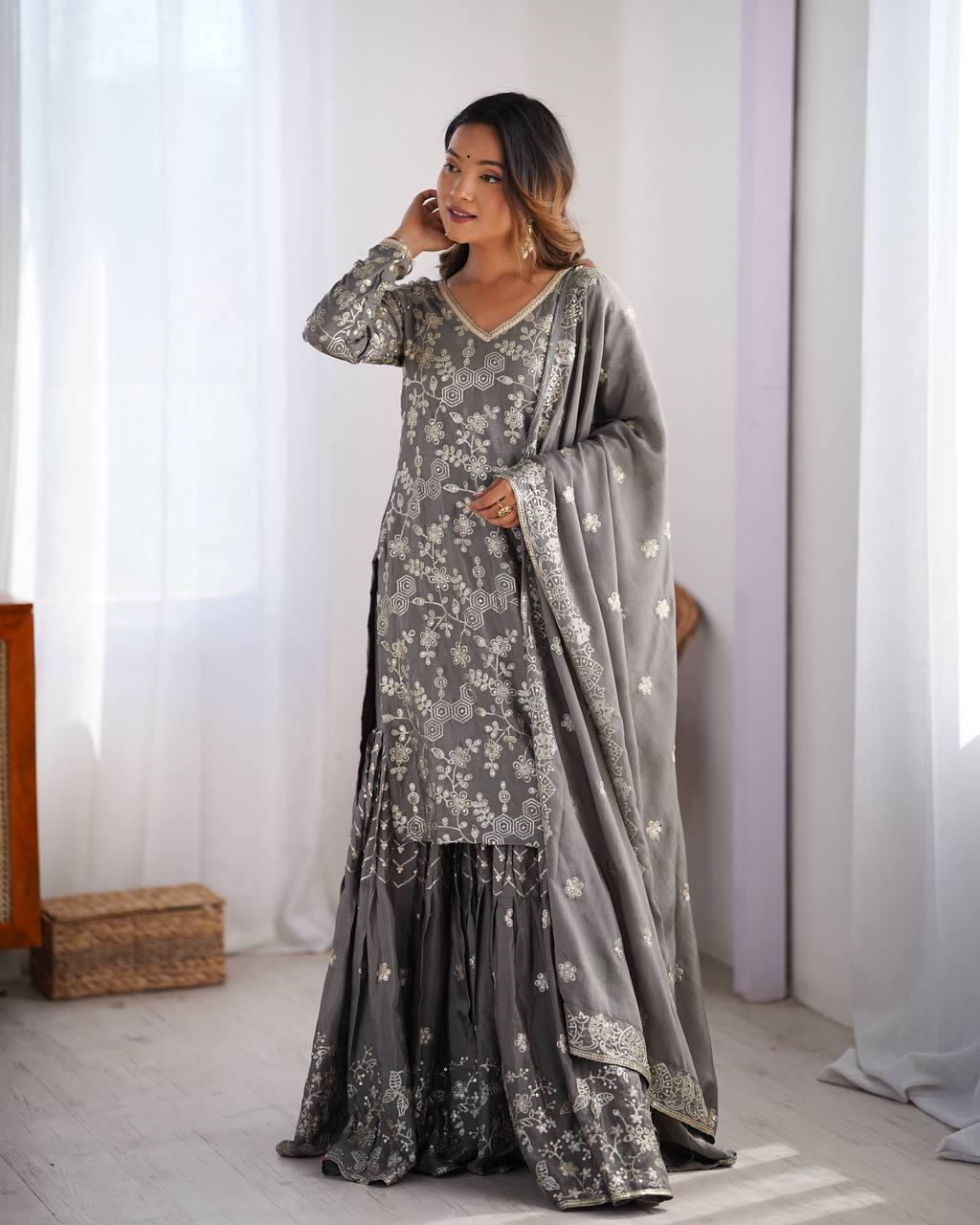 Engagement Wear Grey Color Chinon Silk And Thread With Sequence Work Pakistani Sharara Suit