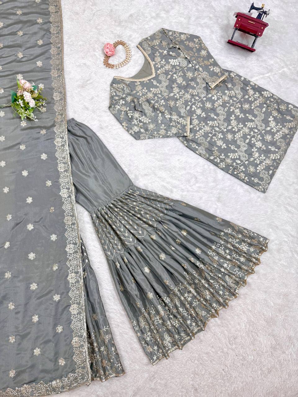 Engagement Wear Grey Color Chinon Silk And Thread With Sequence Work Pakistani Sharara Suit