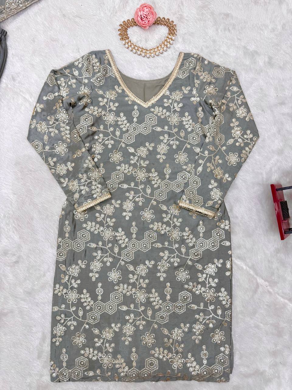 Engagement Wear Grey Color Chinon Silk And Thread With Sequence Work Pakistani Sharara Suit