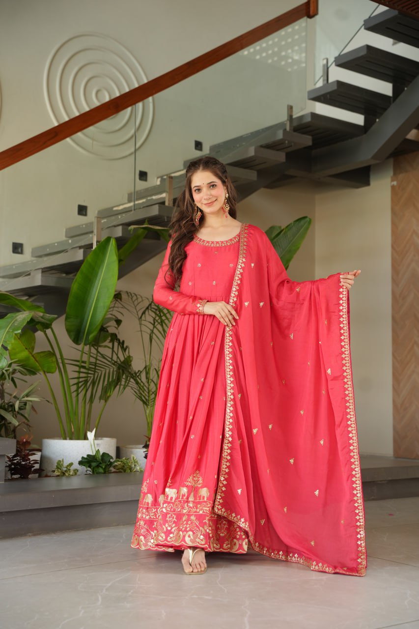 Wedding Wear Light Pink Color Chinon With Embroidery Zari Sequins Work Designer Gown