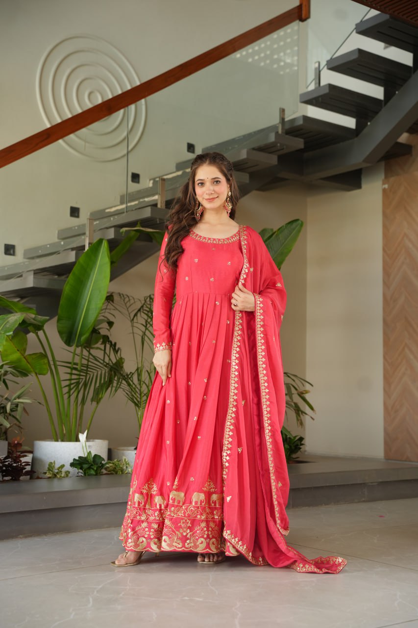 Wedding Wear Light Pink Color Chinon With Embroidery Zari Sequins Work Designer Gown
