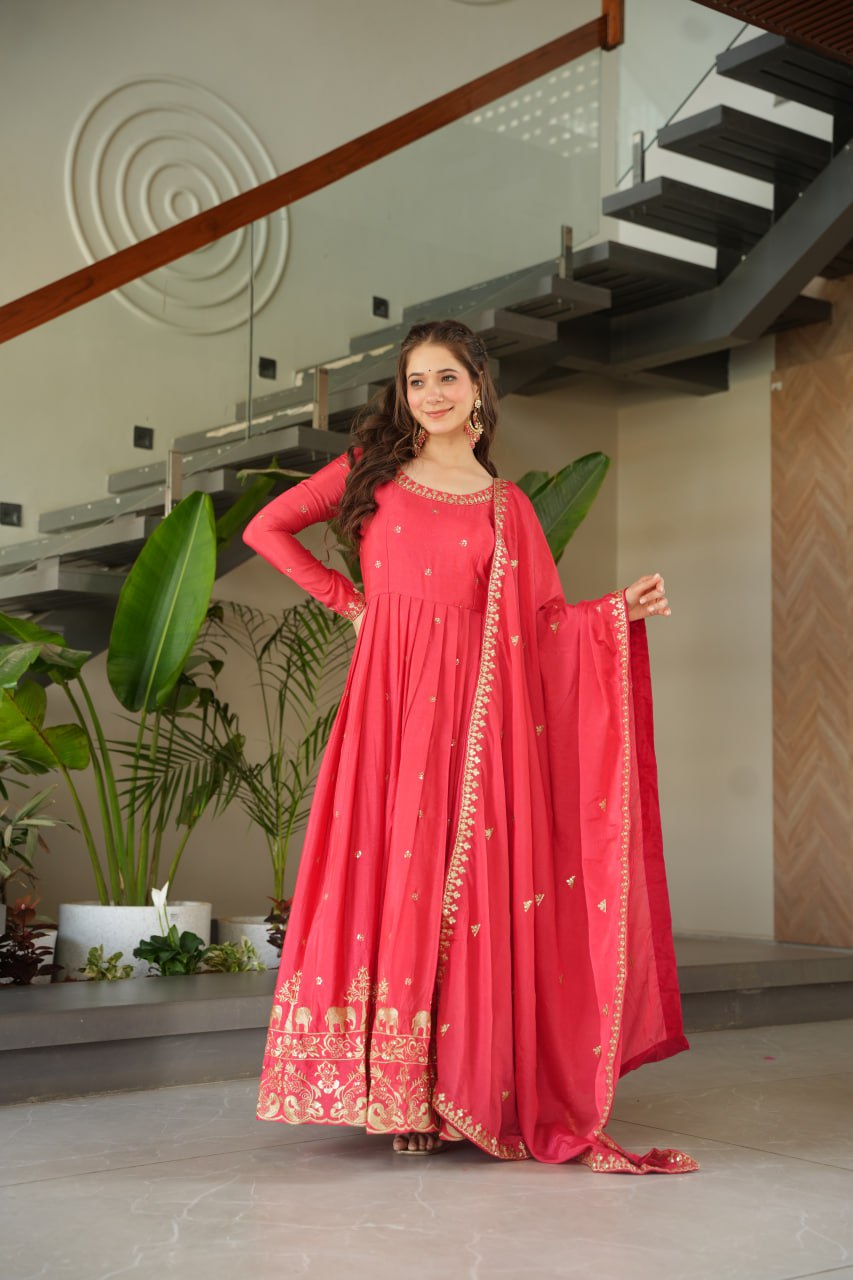 Wedding Wear Light Pink Color Chinon With Embroidery Zari Sequins Work Designer Gown