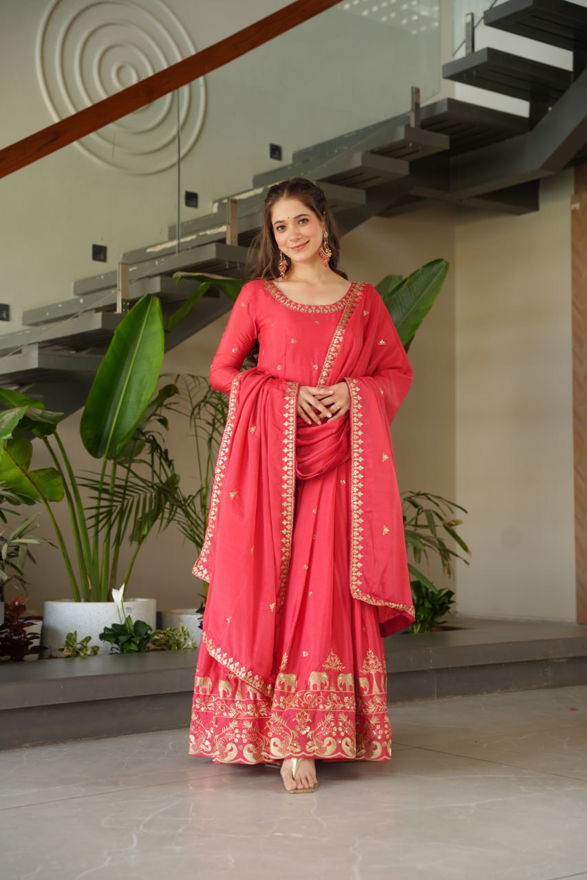 Wedding Wear Light Pink Color Chinon With Embroidery Zari Sequins Work Designer Gown