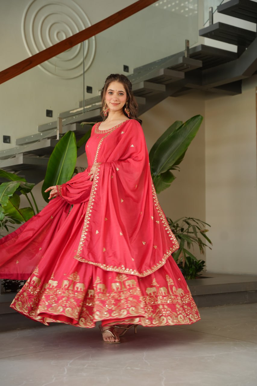 Wedding Wear Light Pink Color Chinon With Embroidery Zari Sequins Work Designer Gown