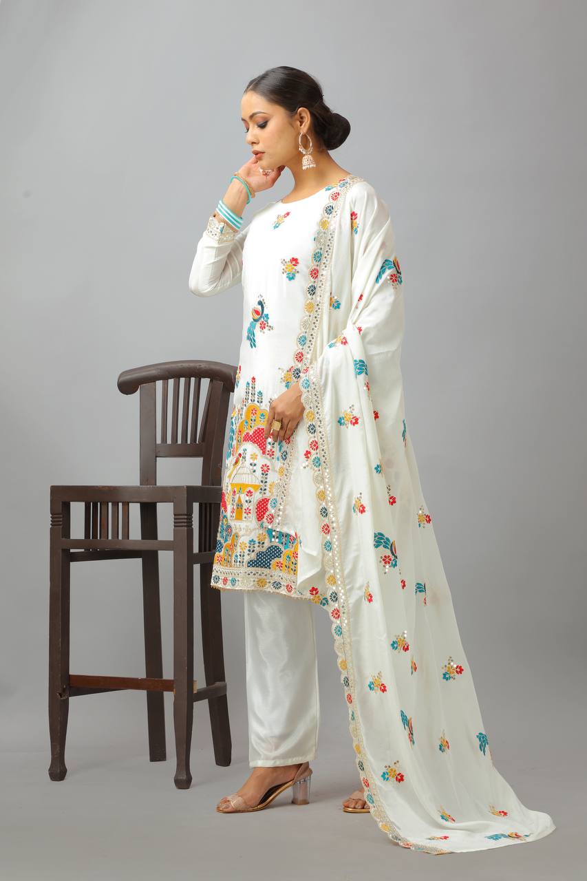 Graceful White Color Heavy Chinon Silk With Heavy Embroidery Coding Sequence Work Salwar Suit