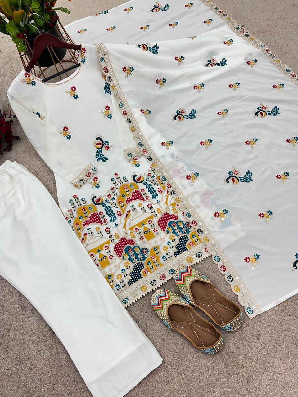 Graceful White Color Heavy Chinon Silk With Heavy Embroidery Coding Sequence Work Salwar Suit