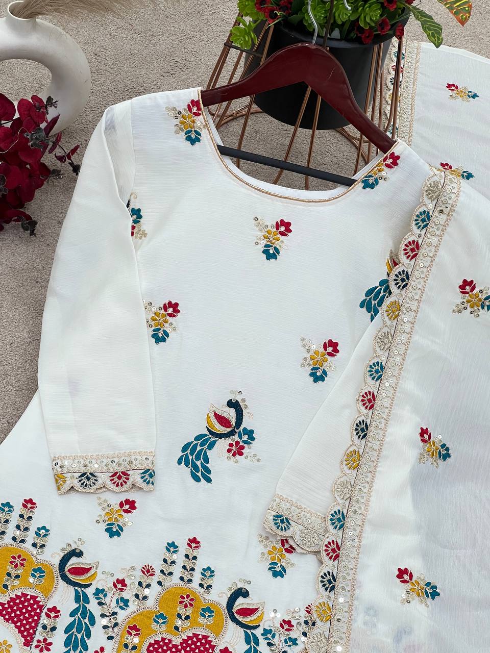 Graceful White Color Heavy Chinon Silk With Heavy Embroidery Coding Sequence Work Salwar Suit