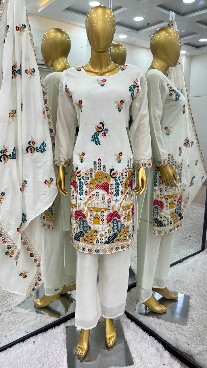 Graceful White Color Heavy Chinon Silk With Heavy Embroidery Coding Sequence Work Salwar Suit