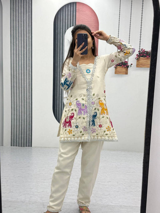 Wedding Wear Off White Color Heavy Embroidery Thread With Sequence Work Top With Pent