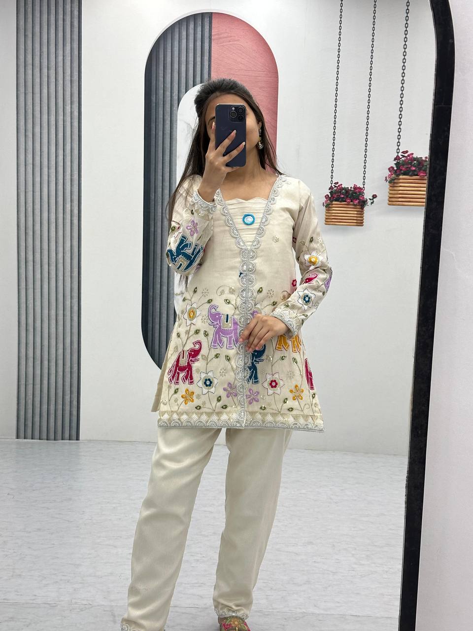 Wedding Wear Off White Color Heavy Embroidery Thread With Sequence Work Top With Pent