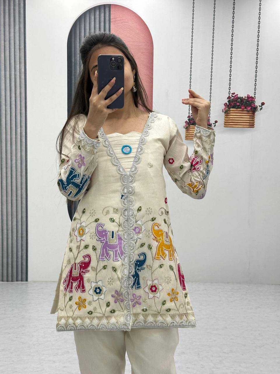 Wedding Wear Off White Color Heavy Embroidery Thread With Sequence Work Top With Pent