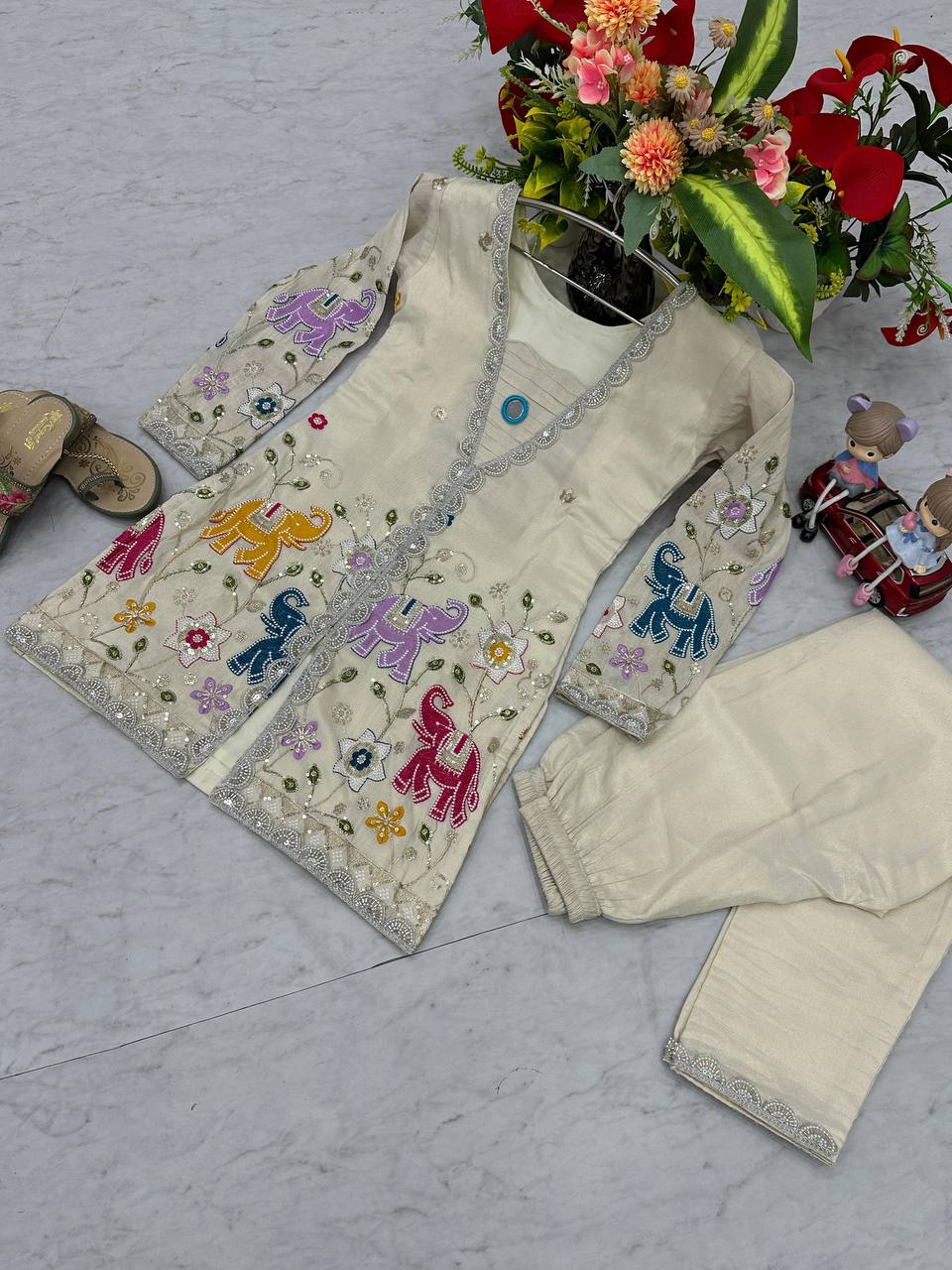 Wedding Wear Off White Color Heavy Embroidery Thread With Sequence Work Top With Pent