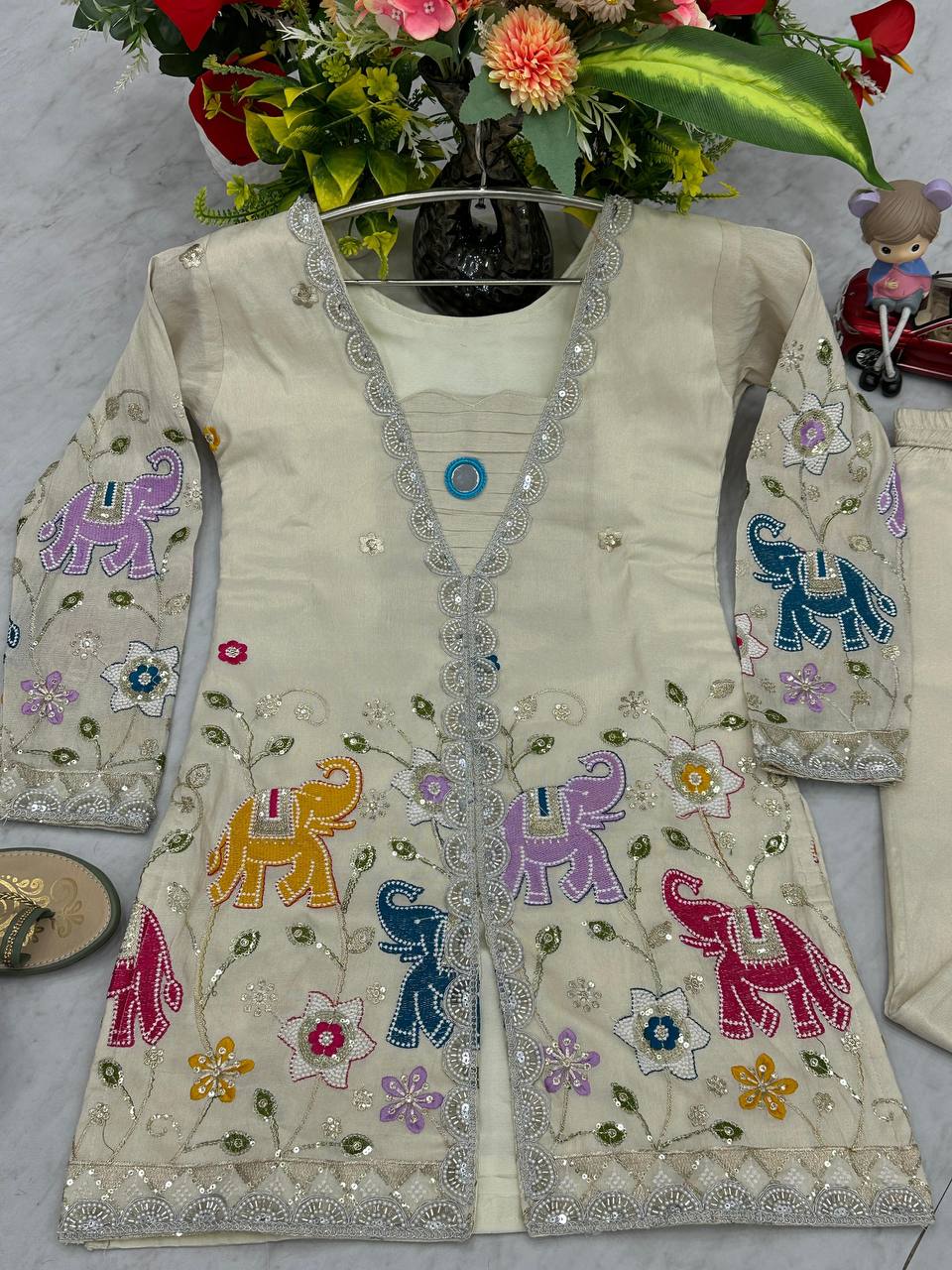 Wedding Wear Off White Color Heavy Embroidery Thread With Sequence Work Top With Pent