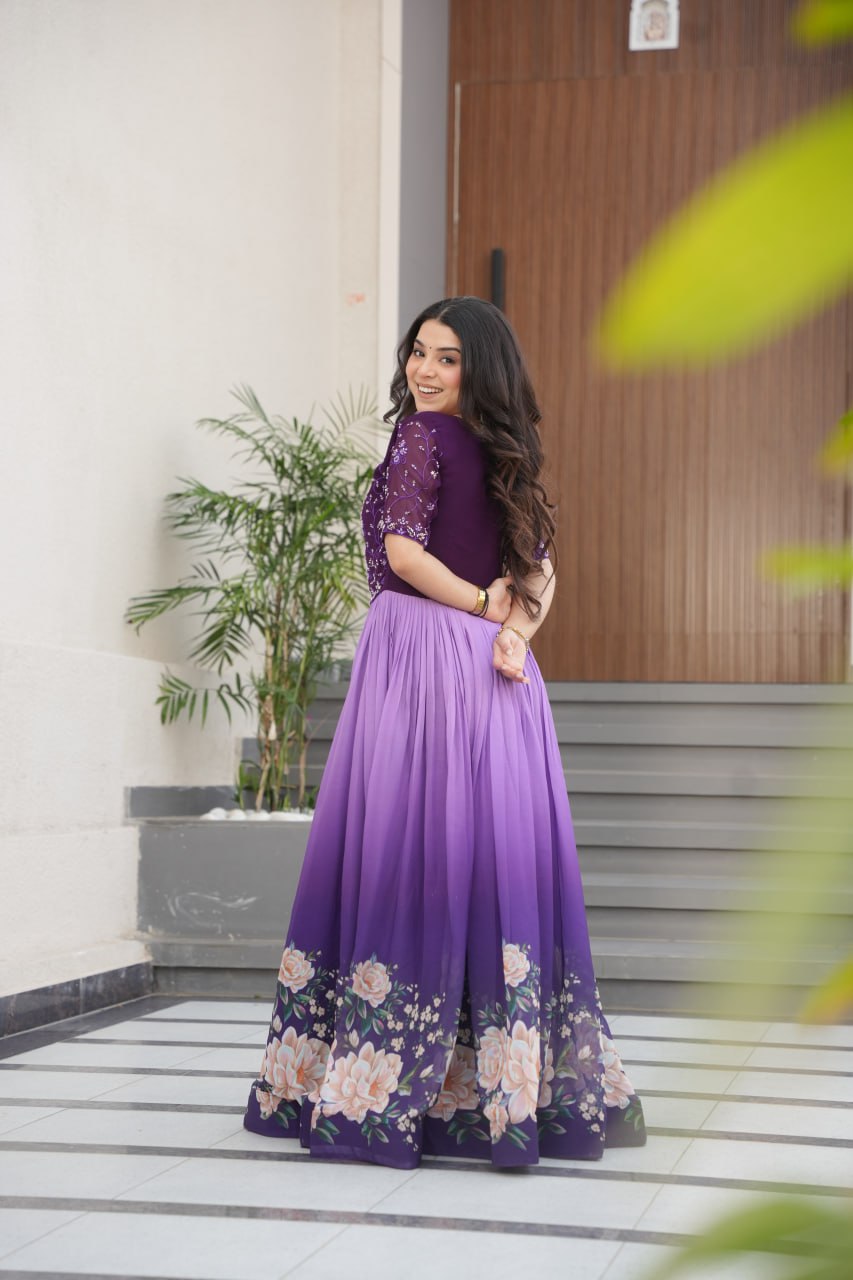 Reception Wear Purple Color Faux Blooming With Embroidered Work And Rich Floral Padding Digital Printed Gown