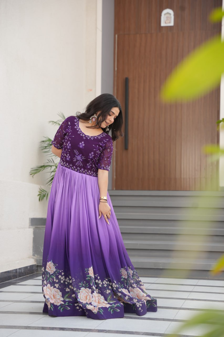 Reception Wear Purple Color Faux Blooming With Embroidered Work And Rich Floral Padding Digital Printed Gown