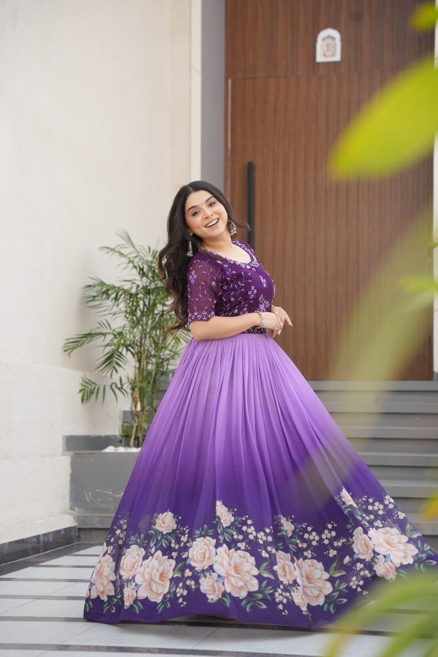 Reception Wear Purple Color Faux Blooming With Embroidered Work And Rich Floral Padding Digital Printed Gown