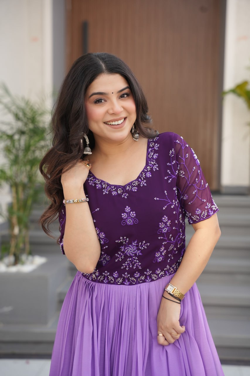 Reception Wear Purple Color Faux Blooming With Embroidered Work And Rich Floral Padding Digital Printed Gown
