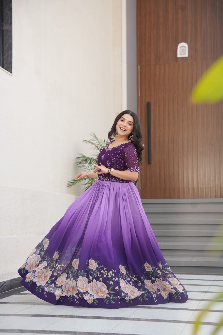 Reception Wear Purple Color Faux Blooming With Embroidered Work And Rich Floral Padding Digital Printed Gown