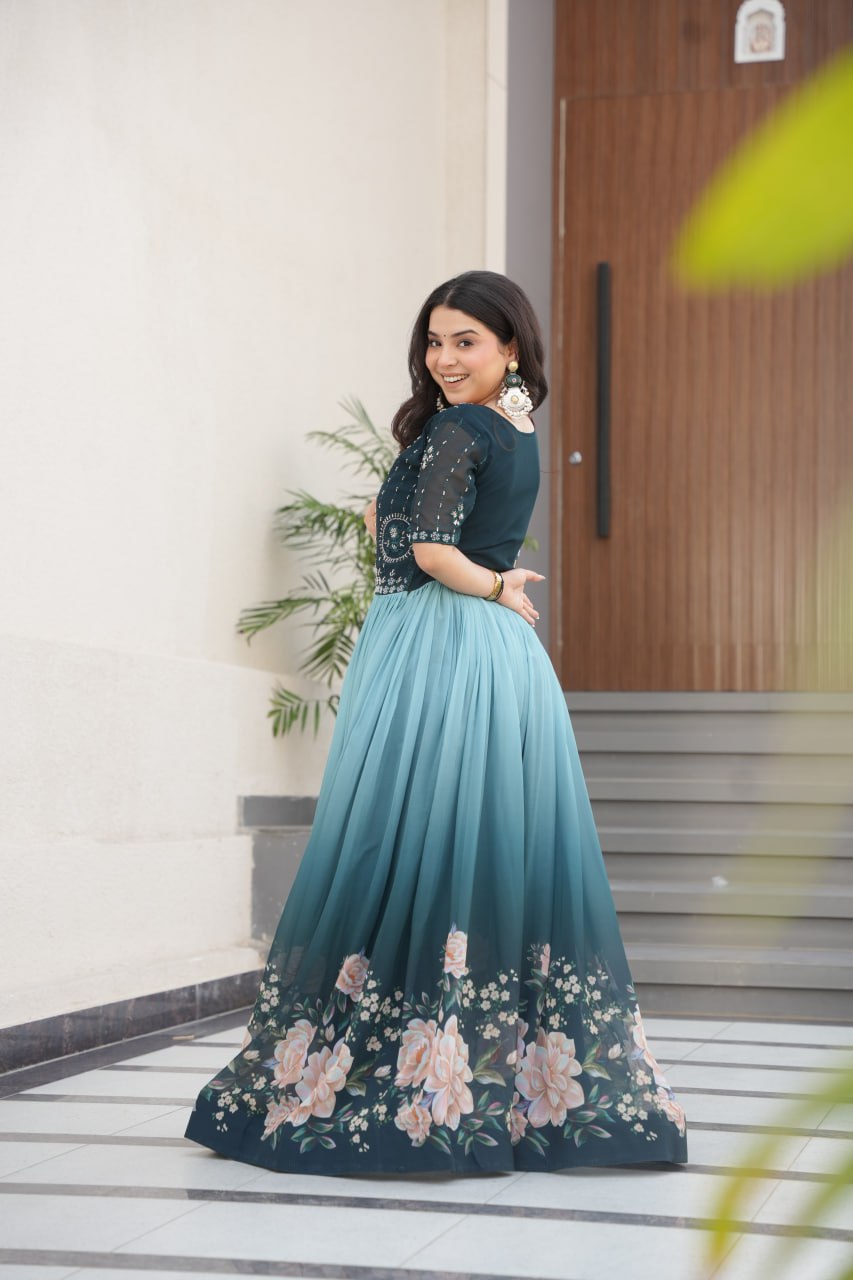 Reception Wear Sky Color Faux Blooming With Embroidered Work And Rich Floral Padding Digital Printed Gown